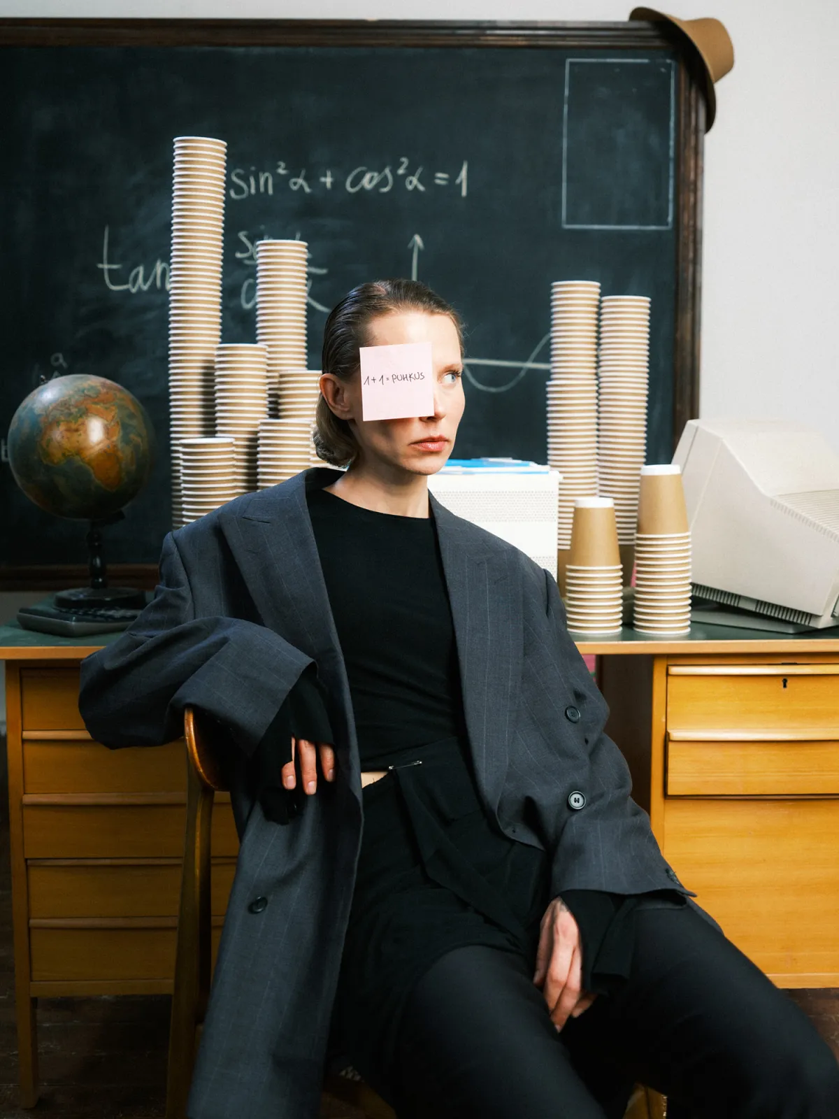 Woman in dark clothing sitting on chair in front of a vintage table covered with towers of coffee cups on chalkboard backdrop in classroom environment
